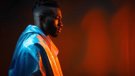 Portrait of handsome african american man in neon light.の素材