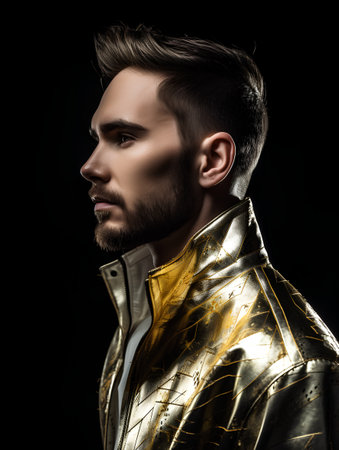 Portrait of a handsome young man in a golden suit on a black backgroundの素材