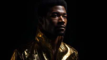Handsome african american man with golden scarf on black backgroundの素材