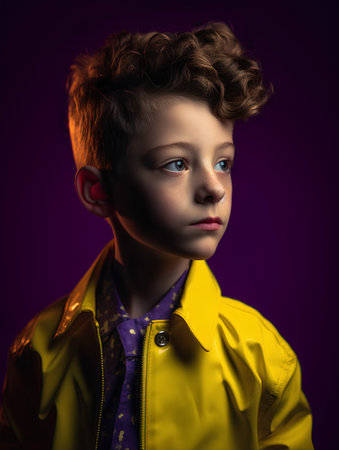 Portrait of a boy in a yellow raincoat. Studio shot.の素材
