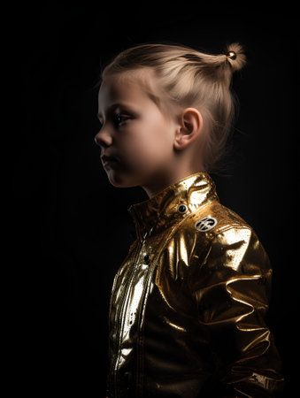 Portrait of a little girl in a gold jacket on a black backgroundの素材