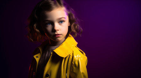 A portrait of a fashionable little girl in a bright yellow jacket. Beauty, fashion.の素材