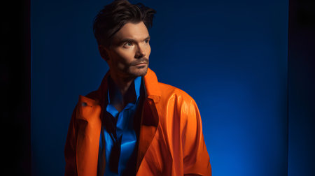 Portrait of a handsome young man in orange raincoat. Studio shot.の素材