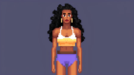 pixel art of a beautiful woman in a swimsuit on a purple background