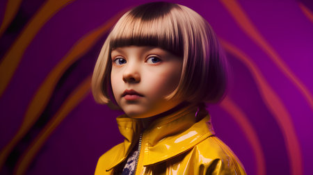 Portrait of a little girl in a yellow raincoat over purple background.の素材