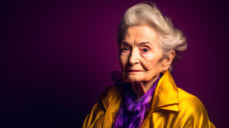 Portrait of an elderly woman in a yellow raincoat on a purple background.の素材