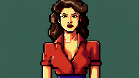 Pixel art portrait of a beautiful woman in a red blouse.の素材