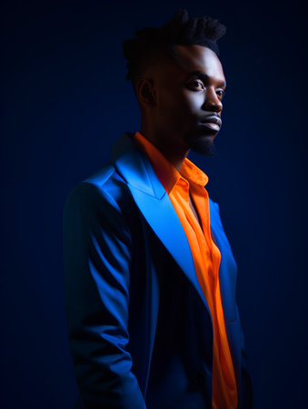 Young african american man in blue suit on dark blue backgroundの素材