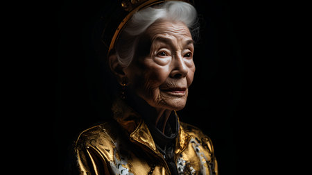 Portrait of an old woman in golden dress on a black backgroundの素材