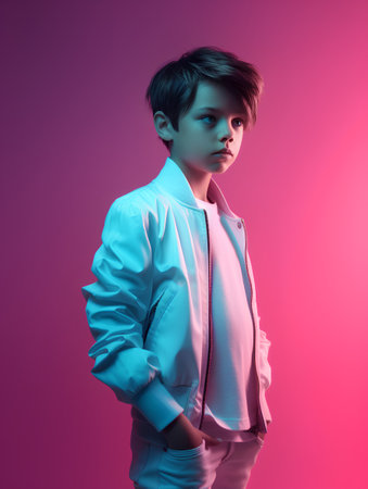 Fashion portrait of a handsome young man in a white jacket on a pink background.の素材