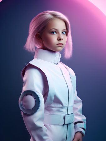 3d illustration of a beautiful girl with pink hair in a cosmonaut suitの素材