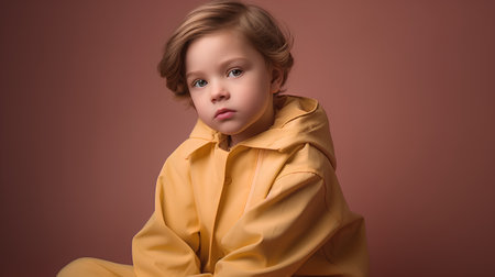 Portrait of a little girl in a yellow raincoat on a brown background.の素材