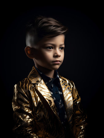 Portrait of a cute little boy in a golden suit on a black backgroundの素材