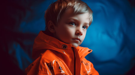 Portrait of a boy in an orange jacket on a blue backgroundの素材