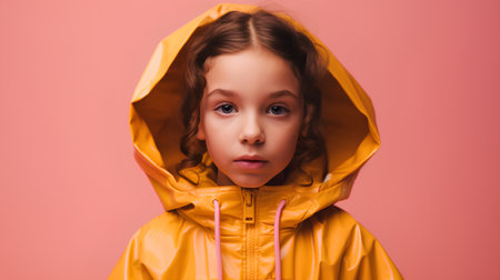 portrait of little girl in raincoat looking at camera isolated on pinkの素材