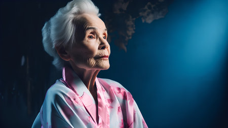 Elderly woman in pajamas looking away on dark backgroundの素材
