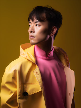 Young handsome asian man in yellow and pink coat on yellow backgroundの素材