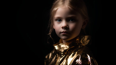 Portrait of a little girl in a golden costume on a black backgroundの素材