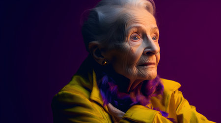 Portrait of an elderly woman in a yellow jacket on a purple background.の素材