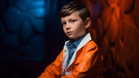 A portrait of a boy in an orange jacket. Studio shooting.の素材