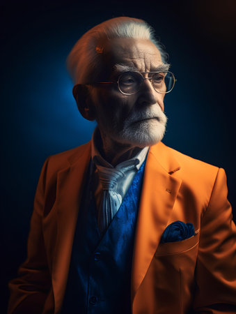 Portrait of an old man in an orange suit and glasses.の素材