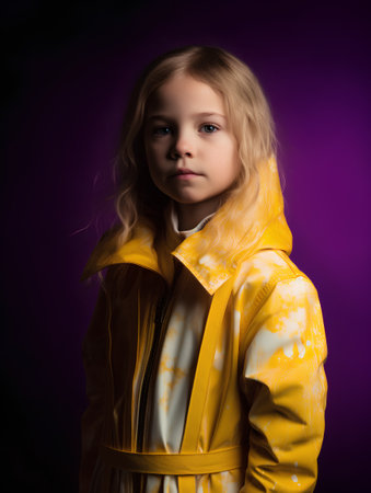 Little girl in a yellow raincoat. Studio shot over purple background.の素材