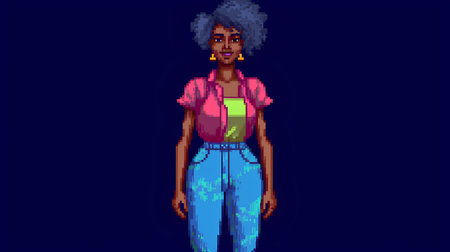 Colorful pixel art african american girl isolated on dark backgroundの素材