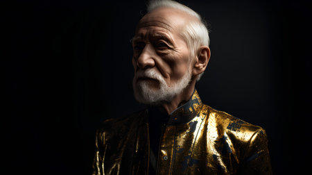 Portrait of an old man in a golden jacket on a black backgroundの素材