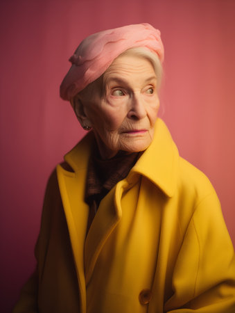 Portrait of an elderly woman in a yellow coat on a pink background.の素材