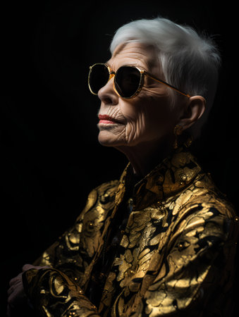 elegant senior woman in golden sunglasses looking away isolated on blackの素材