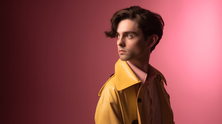 Portrait of a handsome young man in a yellow raincoat on a pink backgroundの素材