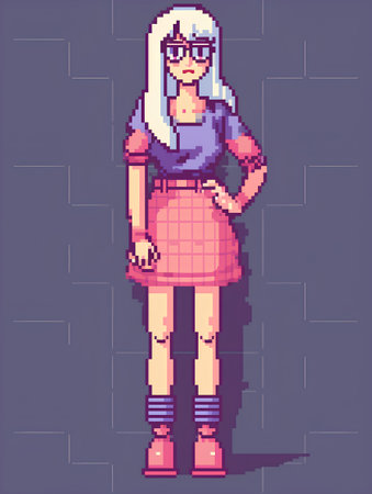 Pixel art illustration of a pretty girl in a skirt and blouseの素材