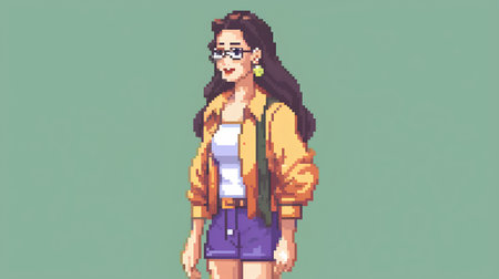 Pixel art illustration of a woman wearing glasses and a yellow jacket.の素材