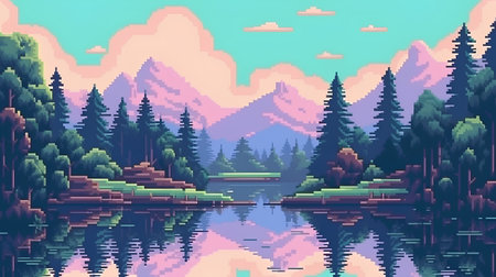 Fantasy landscape with lake, forest and mountains. Vector illustration.の素材