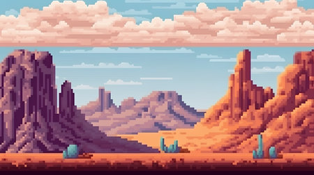 Arcade game world landscape. Pixelated scene with mountains and sky.の素材