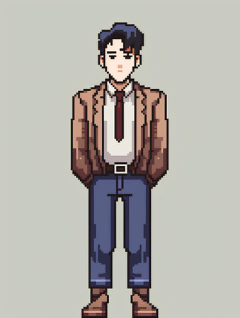 Pixel art illustration of a man wearing a brown jacket and blue jeansの素材