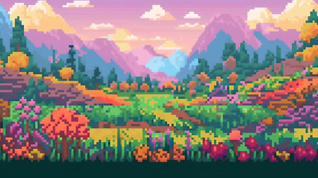 Colorful pixel art background with forest and mountains. Vector illustration.の素材