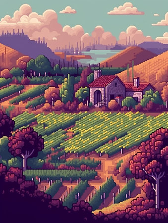 Rural landscape with vineyards and house in the hills. Vector illustration.の素材