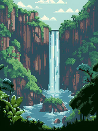Pixel art waterfall in the forest. 8 bit video game vector illustration.の素材