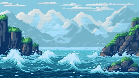 Seascape with mountains and sea in cartoon style. Vector illustration.の素材