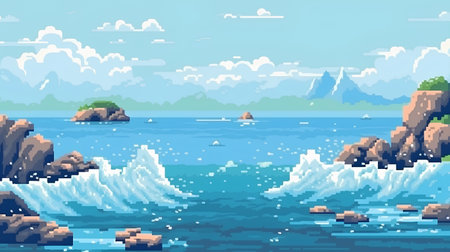 Seascape with rocks and sea. Vector cartoon illustration for game designの素材