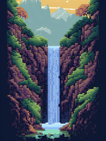 Pixel art landscape with waterfall and forest. Vector illustration in retro style.の素材