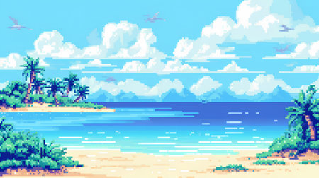 Retro videogame pixelated landscape with palm trees and sea.の素材
