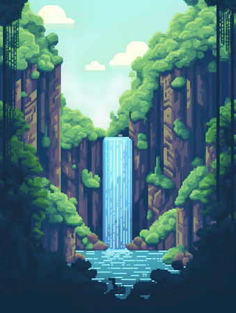 Waterfall in the forest. Cartoon style. Vector illustration for game design.の素材