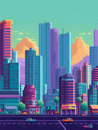 City landscape with skyscrapers and buildings. Vector illustration in flat styleの素材