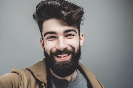 Handsome young man with beard and mustache smiling at camera.の素材