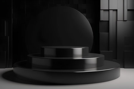 Black podium on a black background. 3d rendering, 3d illustration.の素材