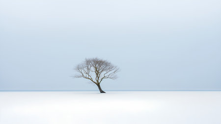Winter landscape with a lonely tree in the middle of a snowy fieldの素材