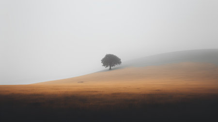 Lonely tree on a hillside in a misty landscapeの素材