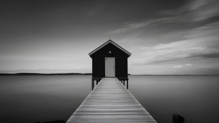 Black and white image of a wooden jetty on a lake.の素材